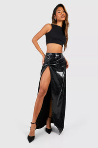 Boohoo Black Textured Vinyl Knotted Split Womens Maxi Skirt