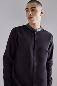 Boohoo Black Pu Grandad Collar Poplin Mens Shirt