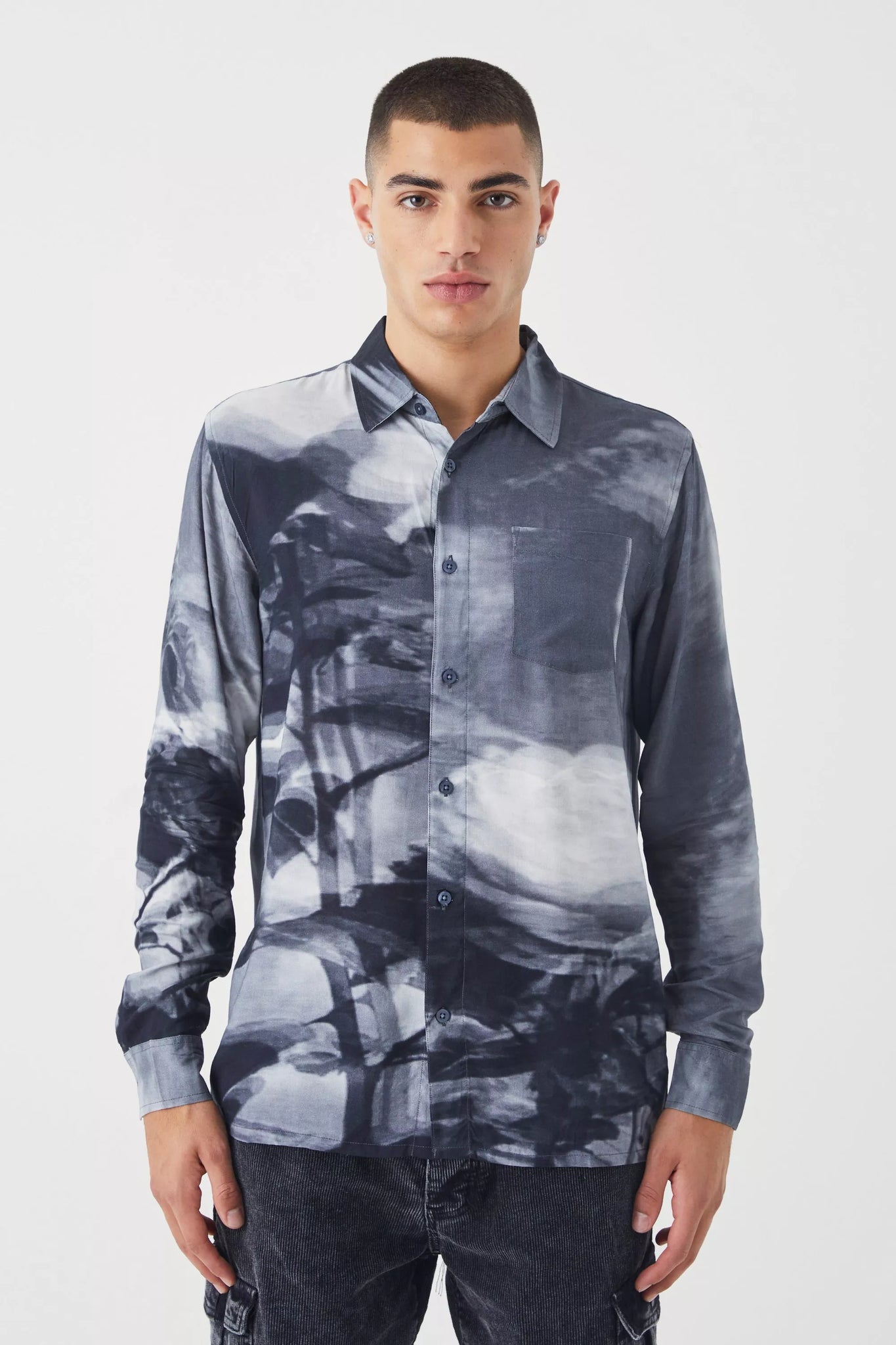 Boohoo Grey Long Sleeve Viscose Abstract Floral Mens Shirt