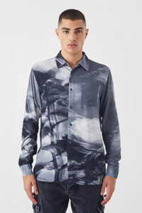 Boohoo Grey Long Sleeve Viscose Abstract Floral Mens Shirt