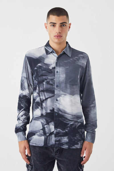Boohoo Grey Long Sleeve Viscose Abstract Floral Mens Shirt