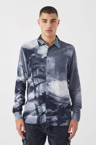 Boohoo Grey Long Sleeve Viscose Abstract Floral Mens Shirt