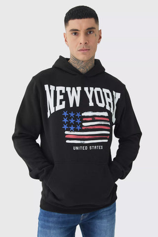Boohoo Black Tall New York Print Mens Hoodie