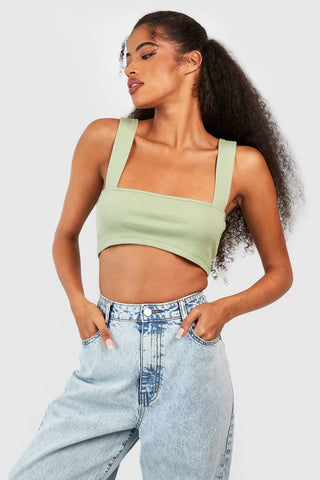 Boohoo Olive Basic Rib Square Neck Womens Vest