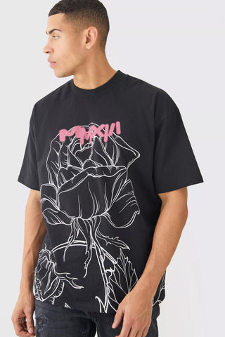 Boohoo Black Oversized Extended Neck Man Rose Mens T-Shirt