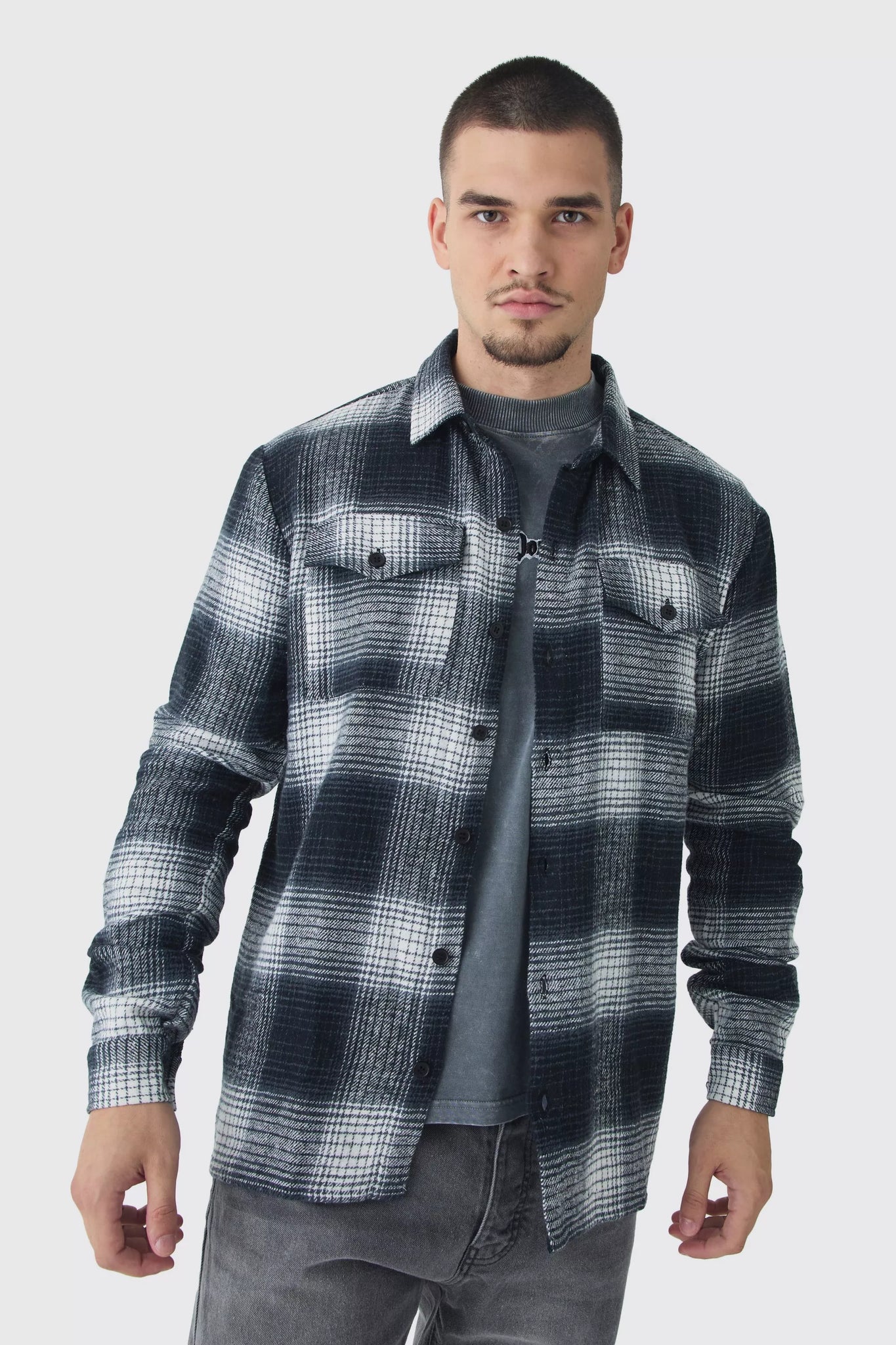 Boohoo Black Tall Jacquard Dogtooth Oversized Brushed Mens Shirt