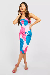 Boohoo Pink & Blue Abstract Bandeau Midi Womens Dress