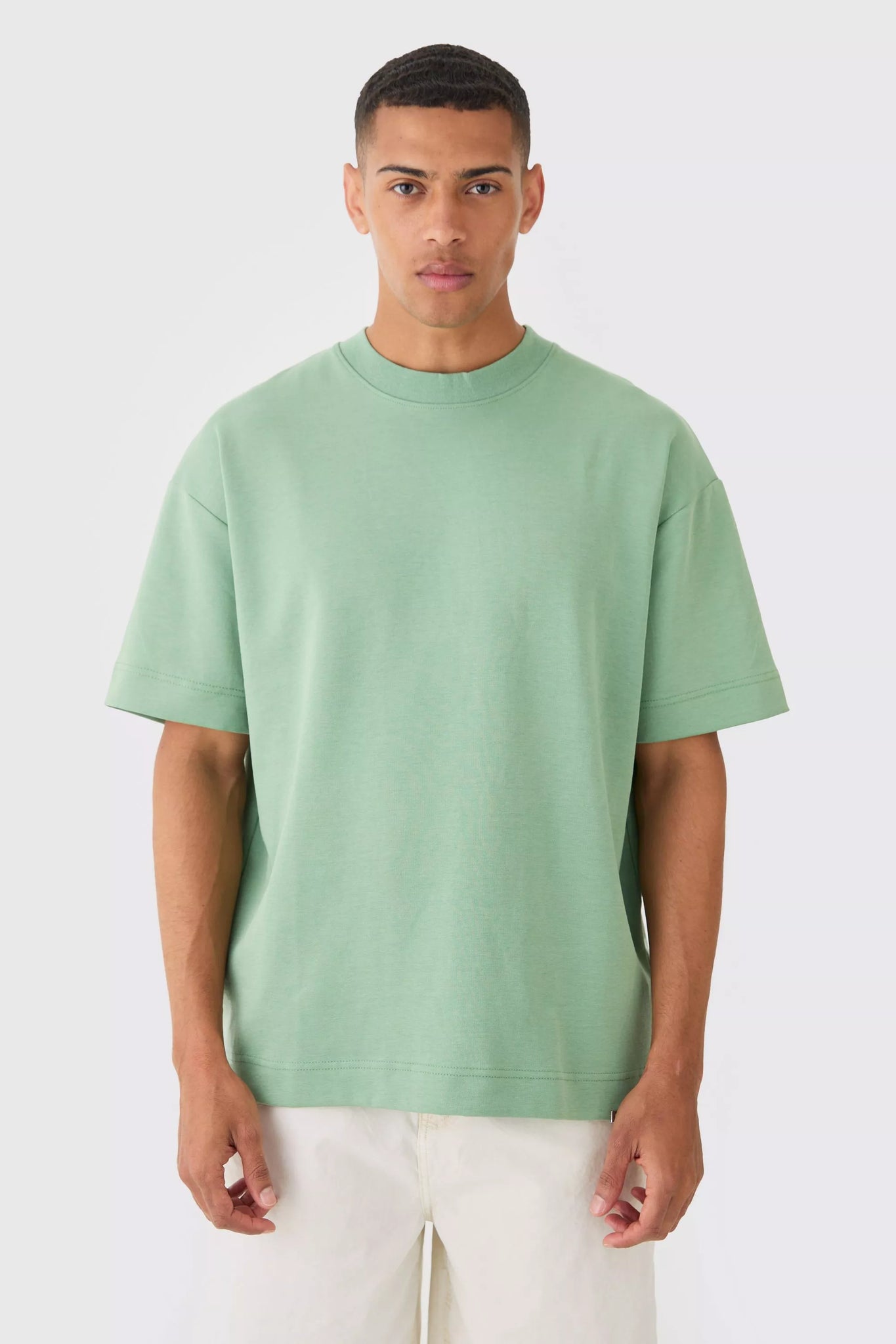 Boohoo Man Green Oversized Extended Neck Heavy Interlock Mens T-Shirt