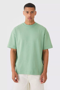 Boohoo Man Green Oversized Extended Neck Heavy Interlock Mens T-Shirt