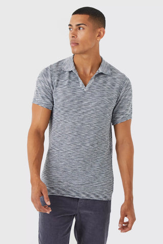 Boohoo Grey Short Sleeve Space Dye Open Collar Knit Mens Polo Shirt