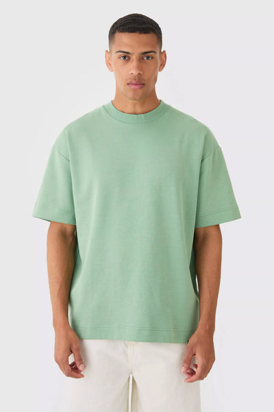 Boohoo Man Green Oversized Extended Neck Heavy Interlock Mens T-Shirt