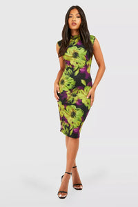 Boohoo Petite Green & Purple Floral High Neck Womens Midi Dress