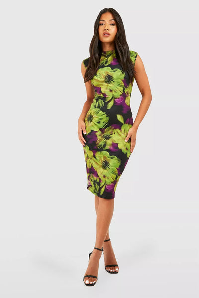 Boohoo Petite Green & Purple Floral High Neck Womens Midi Dress