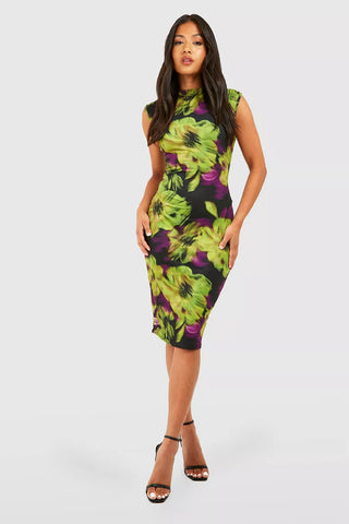 Boohoo Petite Green & Purple Floral High Neck Womens Midi Dress
