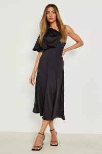 Boohoo Black Satin Asymmetric Womens Midaxi Dress