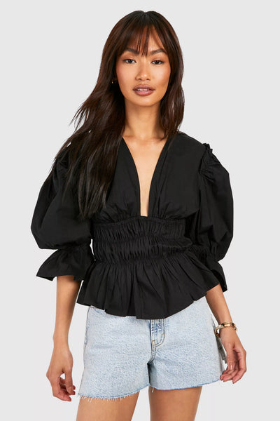 Boohoo Volume Sleeve Tie Back Cotton Poplin Womens Top