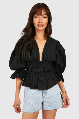 Boohoo Volume Sleeve Tie Back Cotton Poplin Womens Top