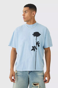 Boohoo Blue Oversized Boxy Floral Drawing Wash Mens T-Shirt