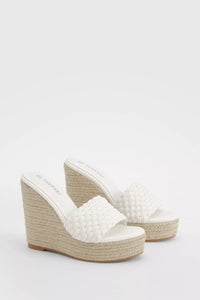 Boohoo White Woven Front Mule Womens Wedges Sandals