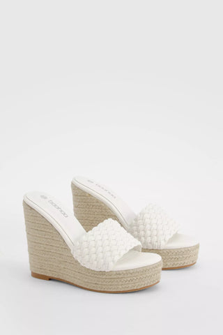 Boohoo White Woven Front Mule Womens Wedges Sandals