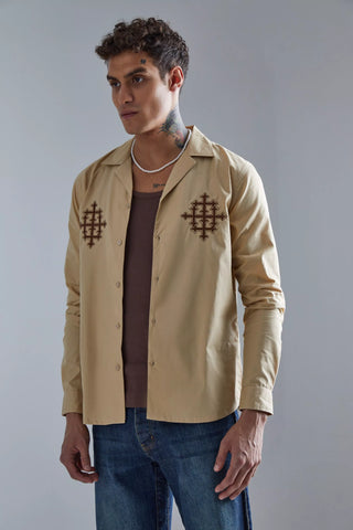 Boohoo Stone Brown Poplin Revere Double Embroidered Mens Shirt