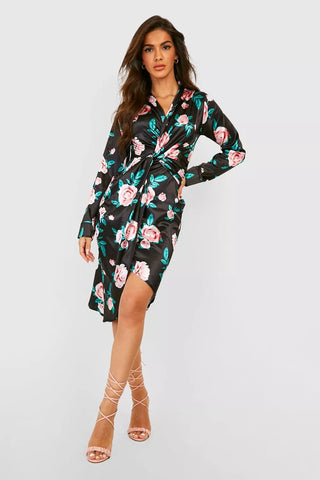 Boohoo Black Rose Print Twist Front Womens Midi Dress