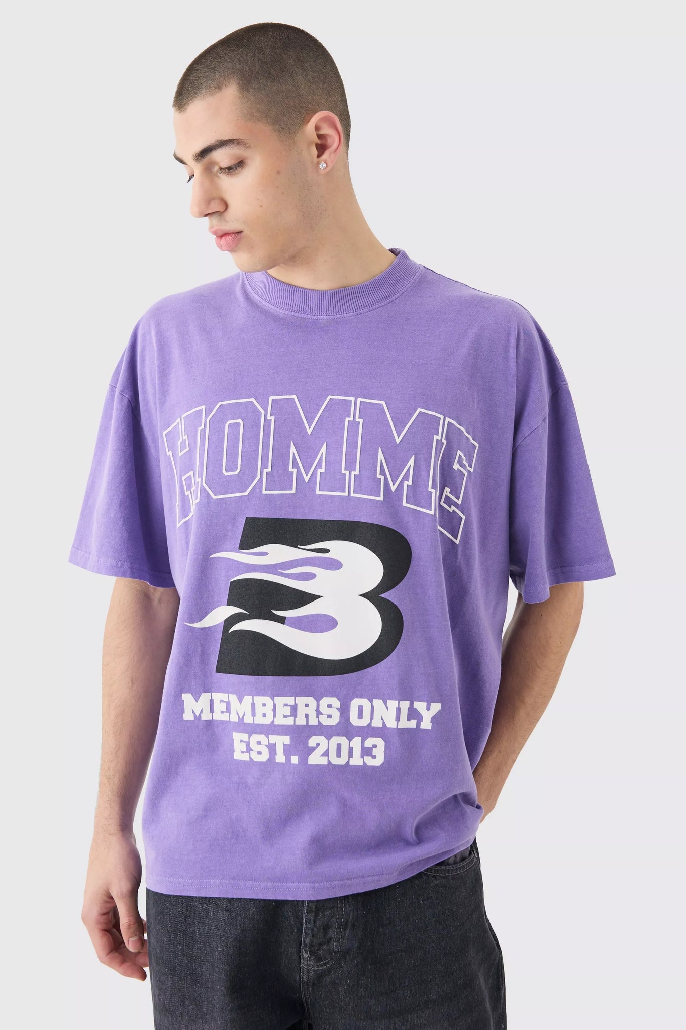 Boohoo Purple Oversized Washed Homme Moto Print Mens T-Shirt