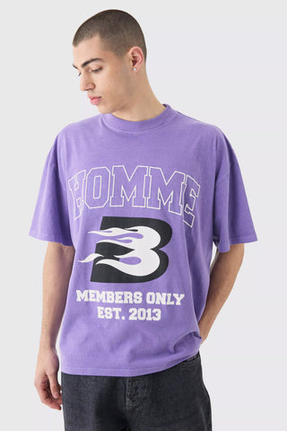 Boohoo Purple Oversized Washed Homme Moto Print Mens T-Shirt
