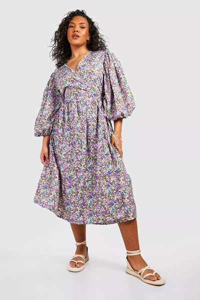 Boohoo Purple Plus Floral Puff Sleeve Wrap Midi Womens Dress