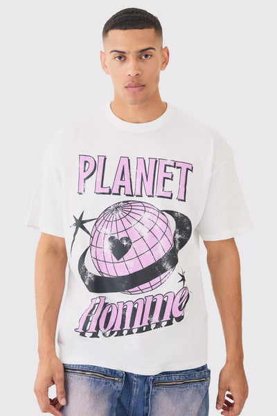 Boohoo White Oversized Planet Homme Print Mens T-Shirt