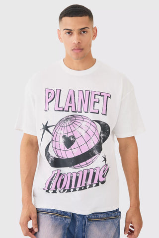 Boohoo White Oversized Planet Homme Print Mens T-Shirt