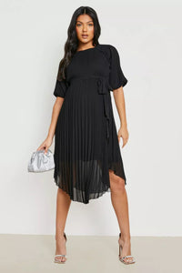 Boohoo Black Maternity Tie Waist Pleated Puff Sleeve Midi Womens Dress