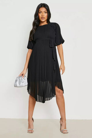 Boohoo Black Maternity Tie Waist Pleated Puff Sleeve Midi Womens Dress