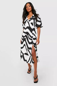 Boohoo White Black Pattern Puff Sleeve Printed Midi Womens Dress