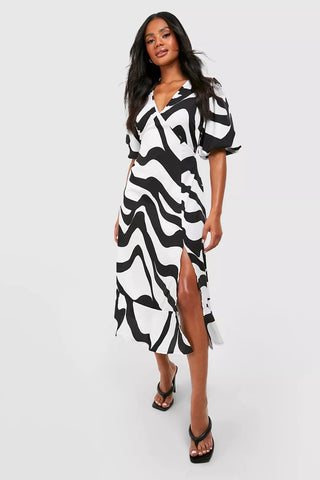 Boohoo White Black Pattern Puff Sleeve Printed Midi Womens Dress