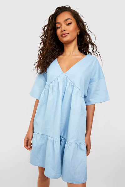 Boohoo Light Blue Plunge Chambray Smock Womens Dress