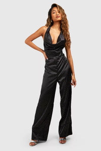 Boohoo Black Diamante Satin Cowl Womens Jumpsuit