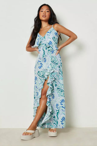 Boohoo Petite Green Paisley Ruffle Wrap Womens Maxi Dress