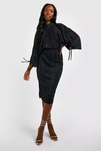 Boohoo Black Plisse High Neck Rouched Sleeve Midi Womens Dress