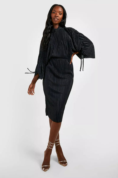 Boohoo Black Plisse High Neck Rouched Sleeve Midi Womens Dress