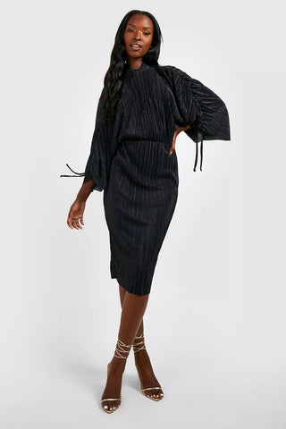 Boohoo Black Plisse High Neck Rouched Sleeve Midi Womens Dress