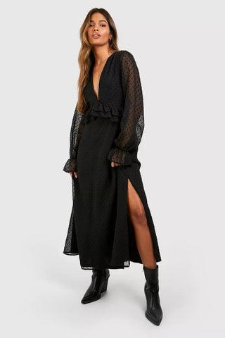 Boohoo Black Dobby Frill Midaxi Womens Dress