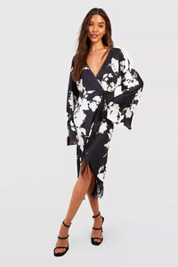 Boohoo Black Floral Print Tassel Hem Wrap Womens Midi Dress