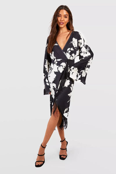 Boohoo Black Floral Print Tassel Hem Wrap Womens Midi Dress