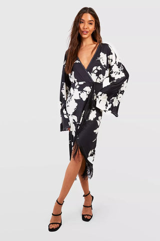 Boohoo Black Floral Print Tassel Hem Wrap Womens Midi Dress