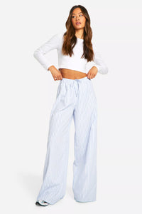 Boohoo Pale Blue Tall Contrast Stripe Drawcord Waist Wide Leg Womens Trouser