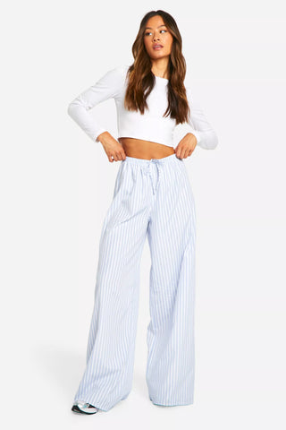 Boohoo Pale Blue Tall Contrast Stripe Drawcord Waist Wide Leg Womens Trouser