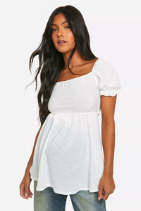 Boohoo White Maternity Jersey Milkmaid Frill Hem Smock Womens Top