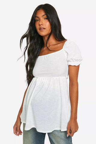 Boohoo White Maternity Jersey Milkmaid Frill Hem Smock Womens Top