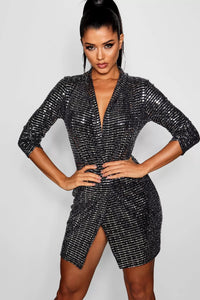Boohoo Silver Metallic Blazer Mini Bodycon Party Womens Dress
